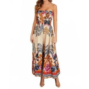 NEW MILIO MILANO kitten floral strapless midi dress in beige
